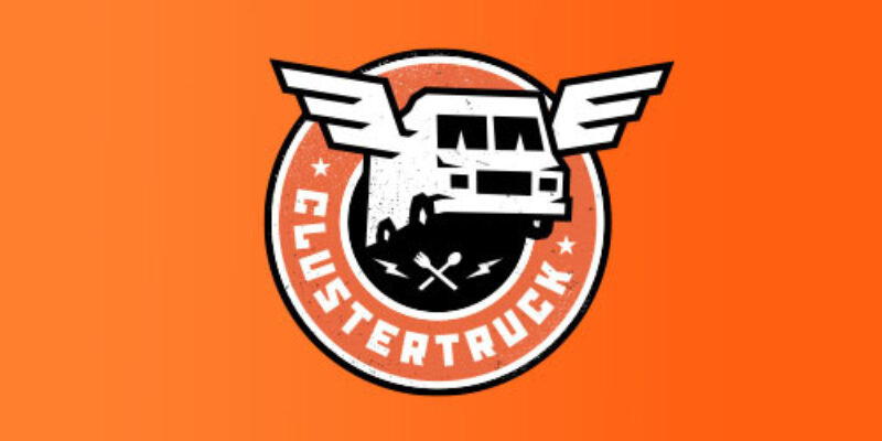 A bright orange rectangle. In the middle of the rectangle are the words Cluster Truck in white letters with a white food truck with wings in the circle.